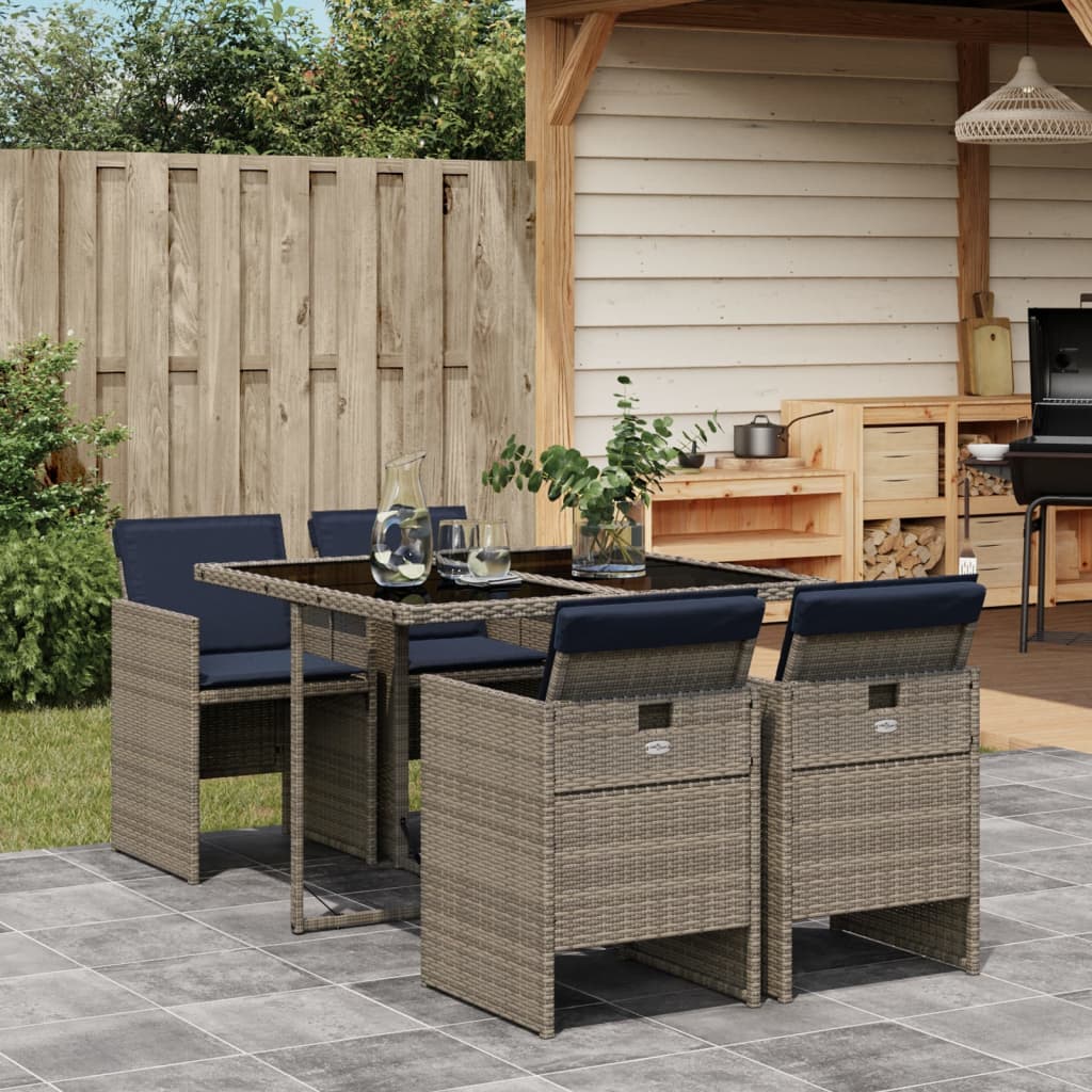 5 Piece Garden Dining Set with Cushions Grey Poly Rattan