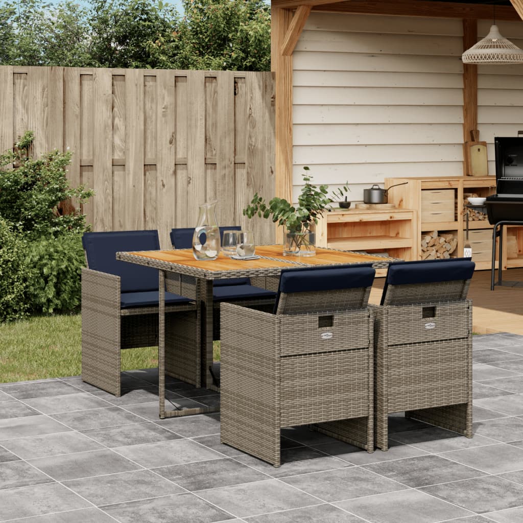 5 Piece Garden Dining Set with Cushions Grey Poly Rattan