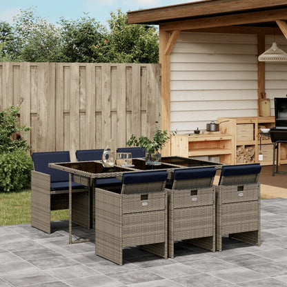 7 Piece Garden Dining Set with Cushions Grey Poly Rattan