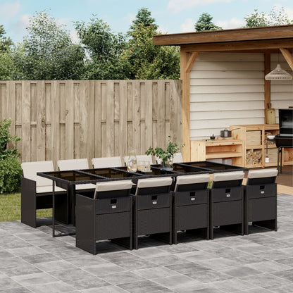 11 Piece Patio Dining Set with Cushions Black Poly Rattan