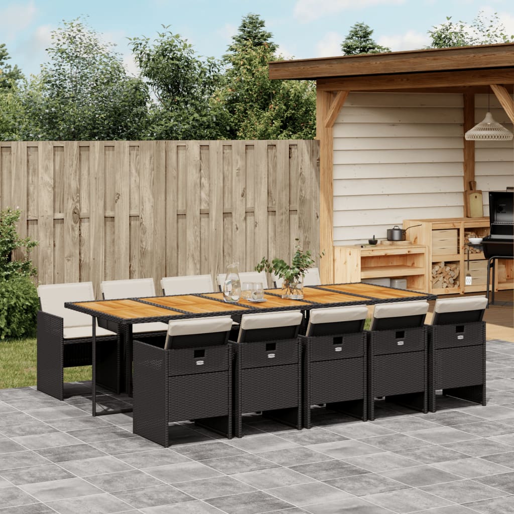 11 Piece Patio Dining Set with Cushions Black Poly Rattan