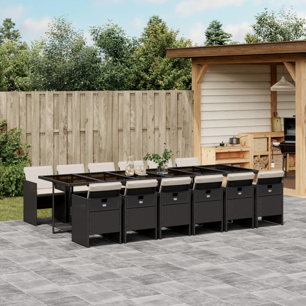 13 Piece Patio Dining Set with Cushions Black Poly Rattan