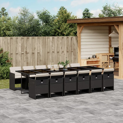 13 Piece Patio Dining Set with Cushions Black Poly Rattan