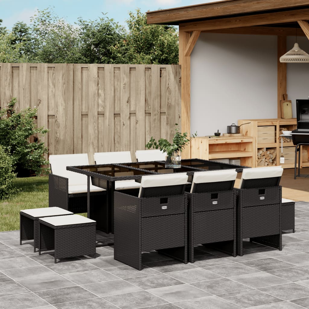 11 Piece Patio Dining Set with Cushions Black Poly Rattan