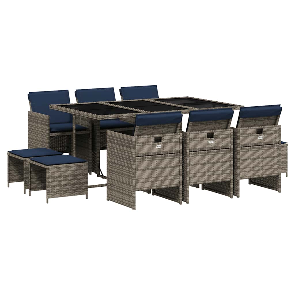 11 Piece Garden Dining Set with Cushions Grey Poly Rattan