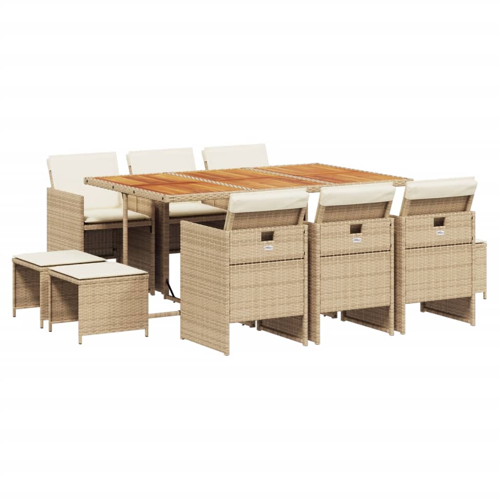 11 Piece Patio Dining Set with Cushions Beige Poly Rattan