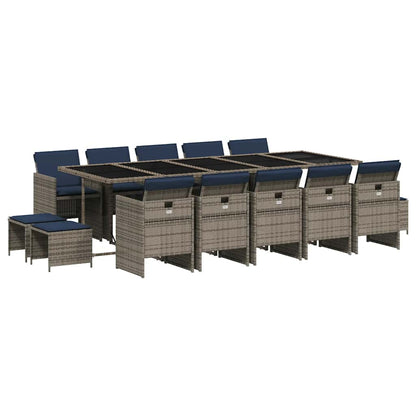 15 Piece Garden Dining Set with Cushions Grey Poly Rattan