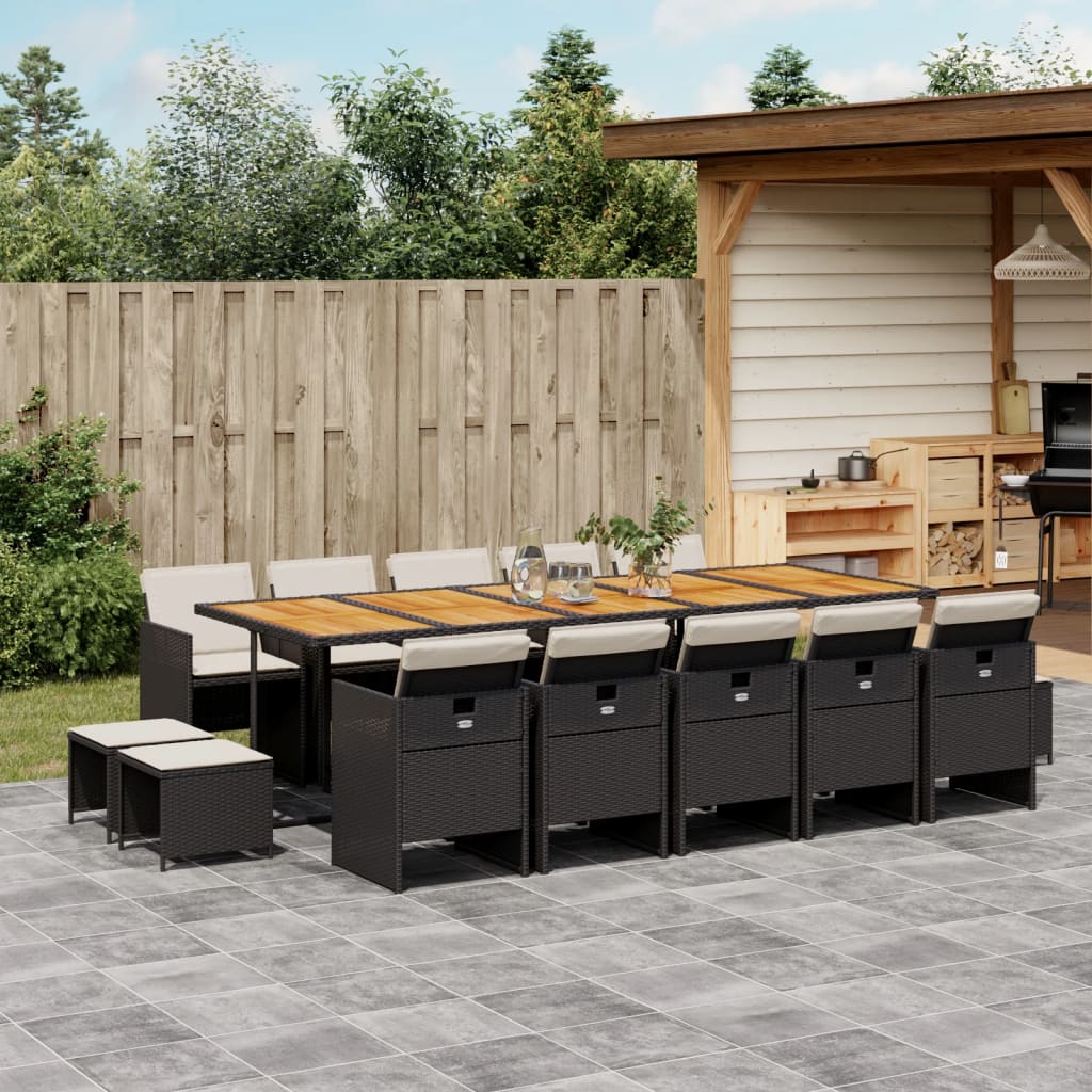 15 Piece Patio Dining Set with Cushions Black Poly Rattan