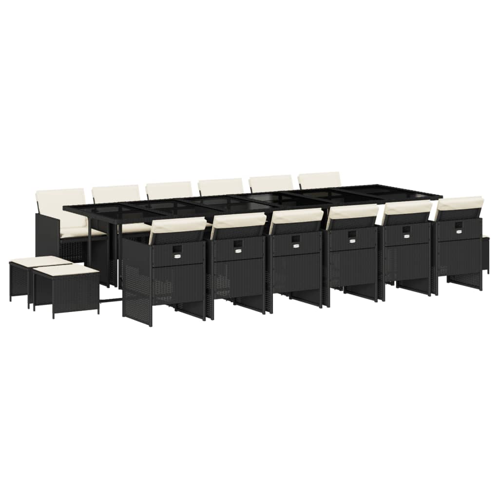 17 Piece Patio Dining Set with Cushions Black Poly Rattan