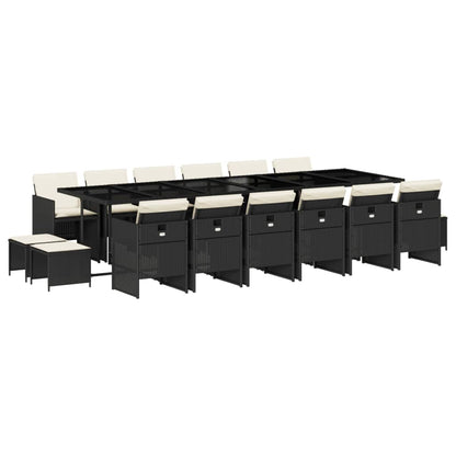 17 Piece Patio Dining Set with Cushions Black Poly Rattan