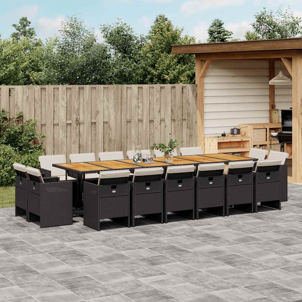 17 Piece Patio Dining Set with Cushions Black Poly Rattan