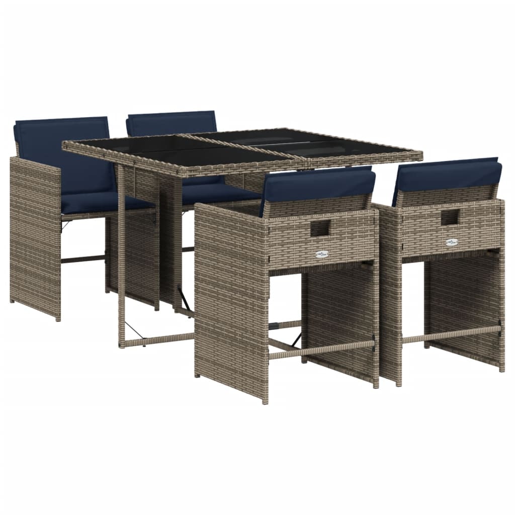 5 Piece Garden Dining Set with Cushions Grey Poly Rattan