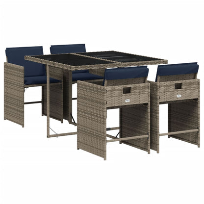 5 Piece Garden Dining Set with Cushions Grey Poly Rattan