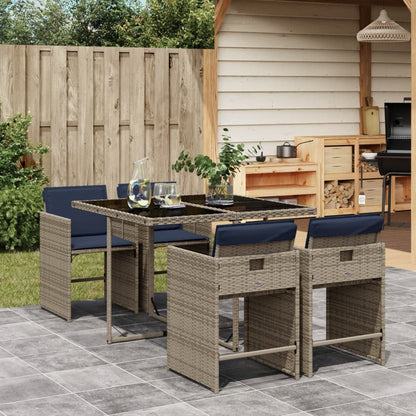 5 Piece Garden Dining Set with Cushions Grey Poly Rattan