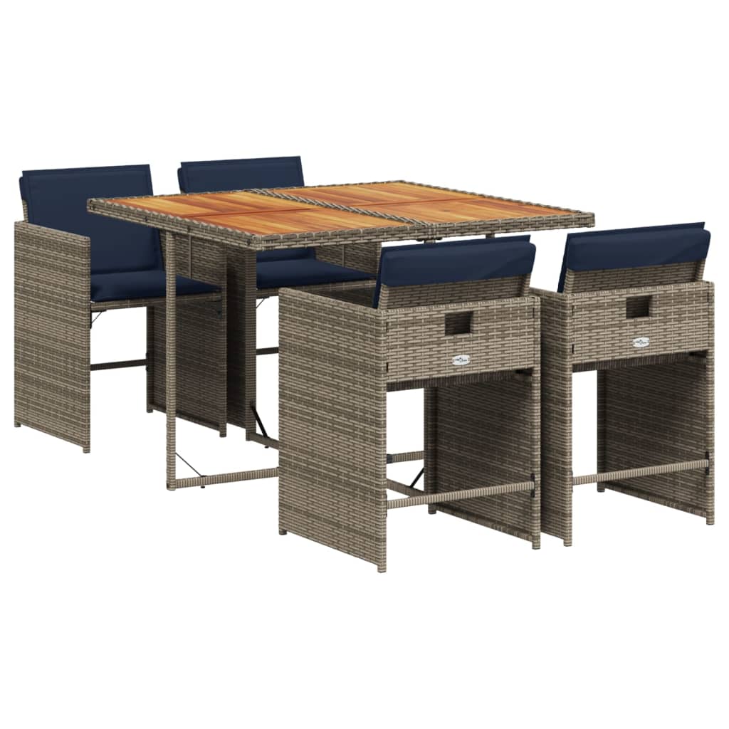 5 Piece Garden Dining Set with Cushions Grey Poly Rattan