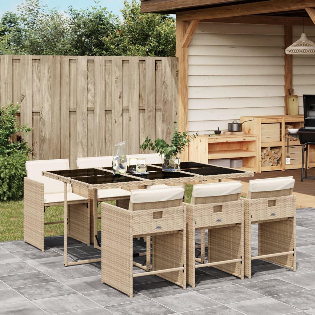 7 Piece Patio Dining Set with Cushions Beige Poly Rattan
