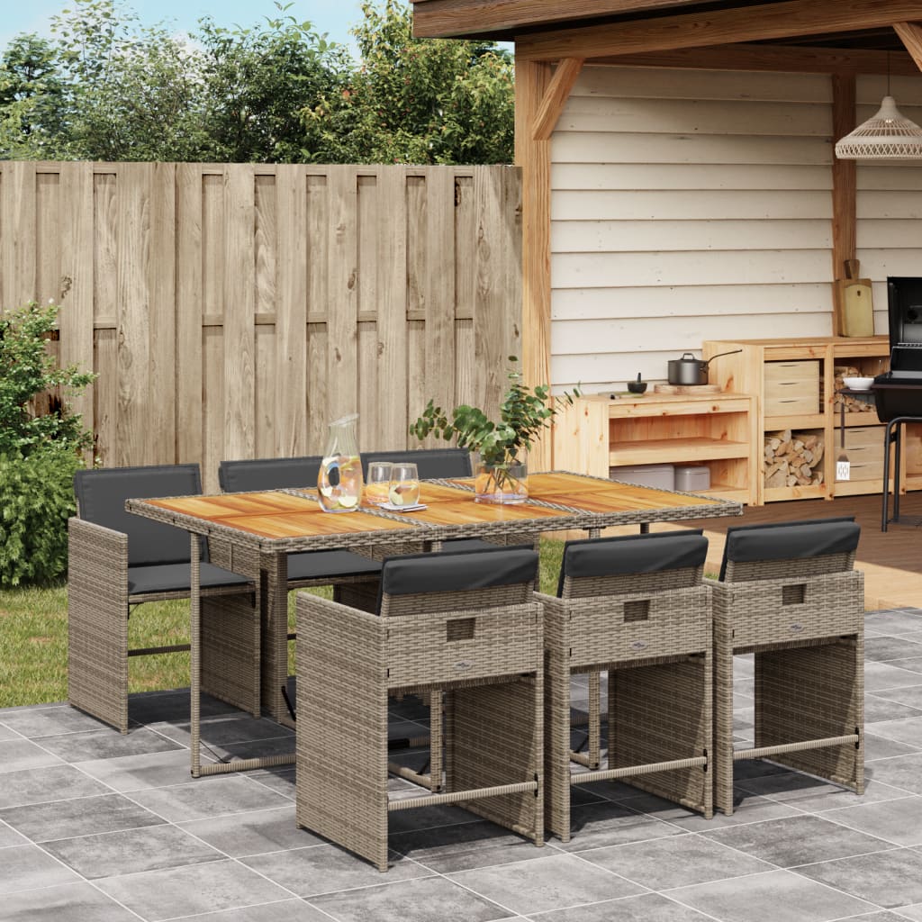 7 Piece Patio Dining Set with Cushions Gray Poly Rattan