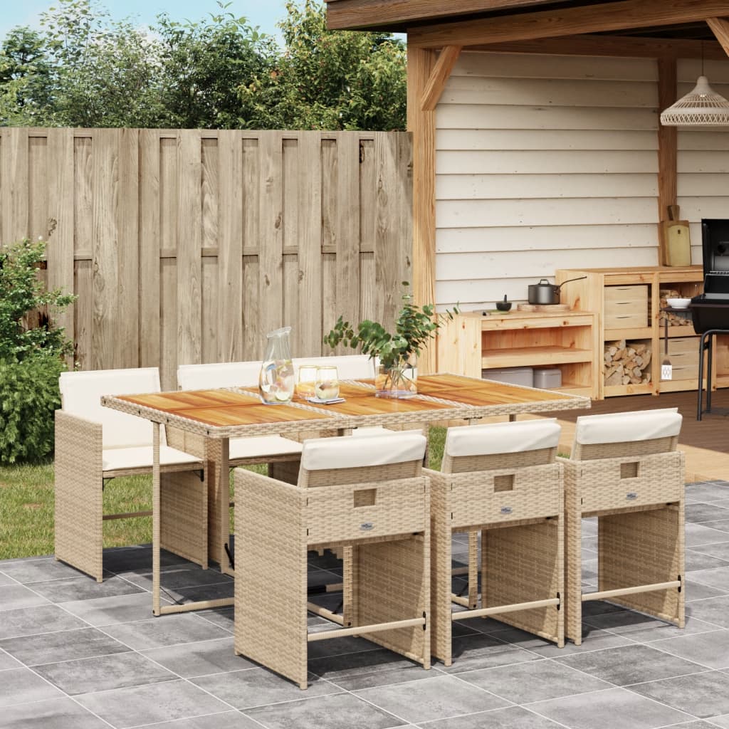 7 Piece Patio Dining Set with Cushions Beige Poly Rattan