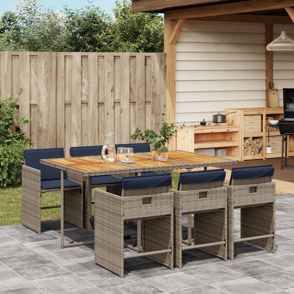 7 Piece Garden Dining Set with Cushions Grey Poly Rattan