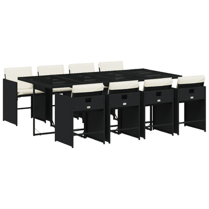 9 Piece Patio Dining Set with Cushions Black Poly Rattan
