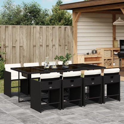9 Piece Patio Dining Set with Cushions Black Poly Rattan
