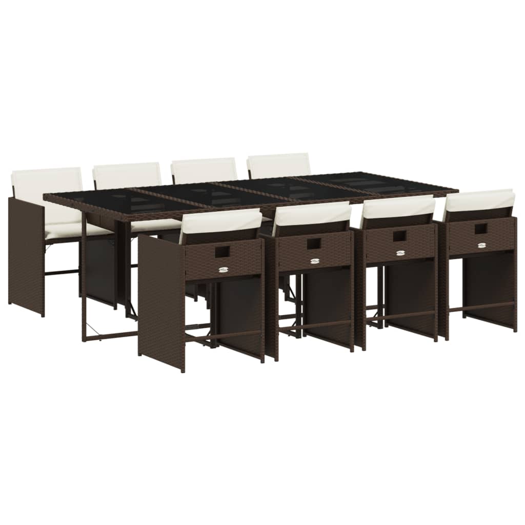 9 Piece Patio Dining Set with Cushions Brown Poly Rattan