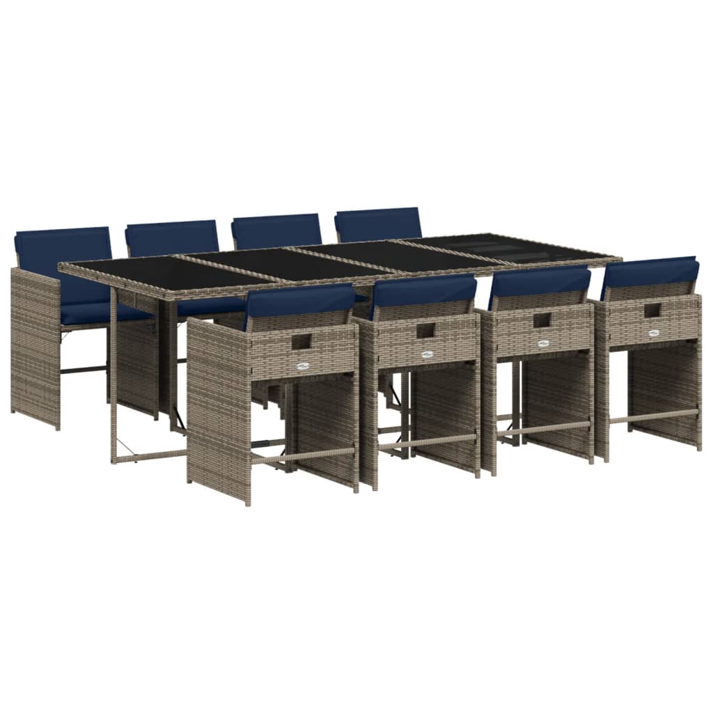 9 Piece Garden Dining Set with Cushions Grey Poly Rattan