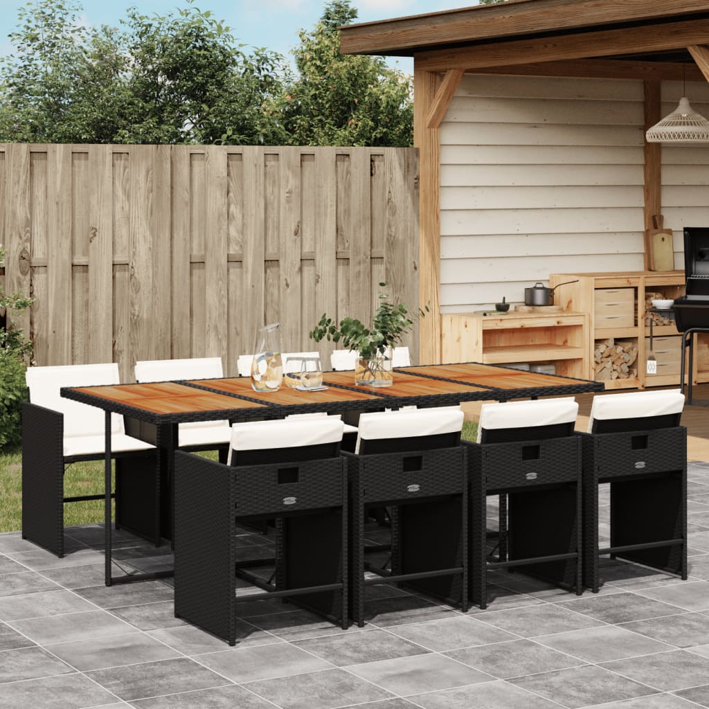 9 Piece Patio Dining Set with Cushions Black Poly Rattan