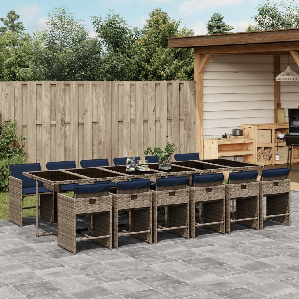 13 Piece Garden Dining Set with Cushions Grey Poly Rattan