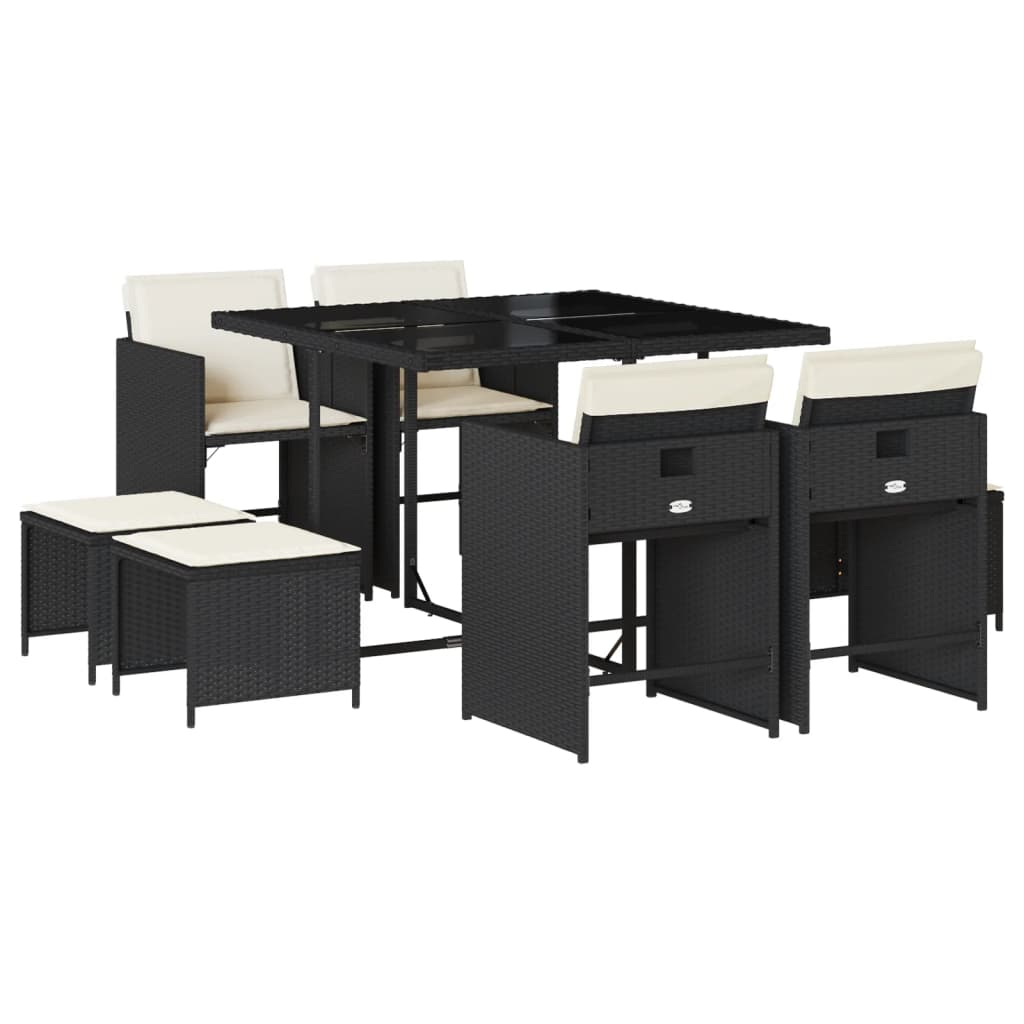9 Piece Patio Dining Set with Cushions Black Poly Rattan