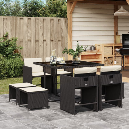 9 Piece Patio Dining Set with Cushions Black Poly Rattan