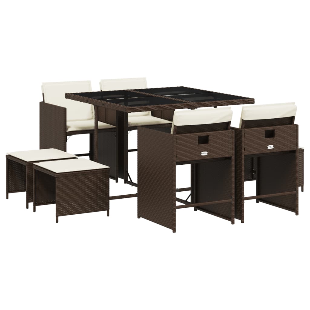 9 Piece Patio Dining Set with Cushions Brown Poly Rattan