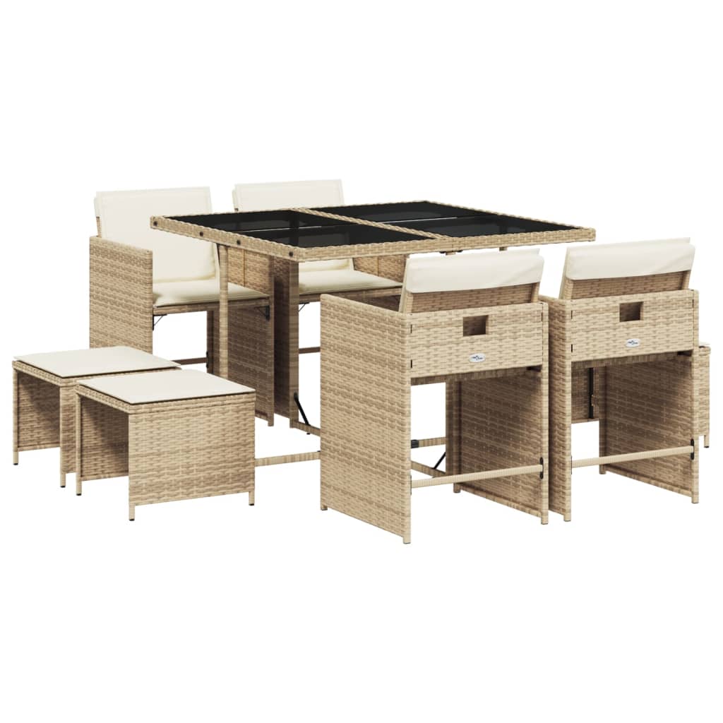 9 Piece Patio Dining Set with Cushions Beige Poly Rattan