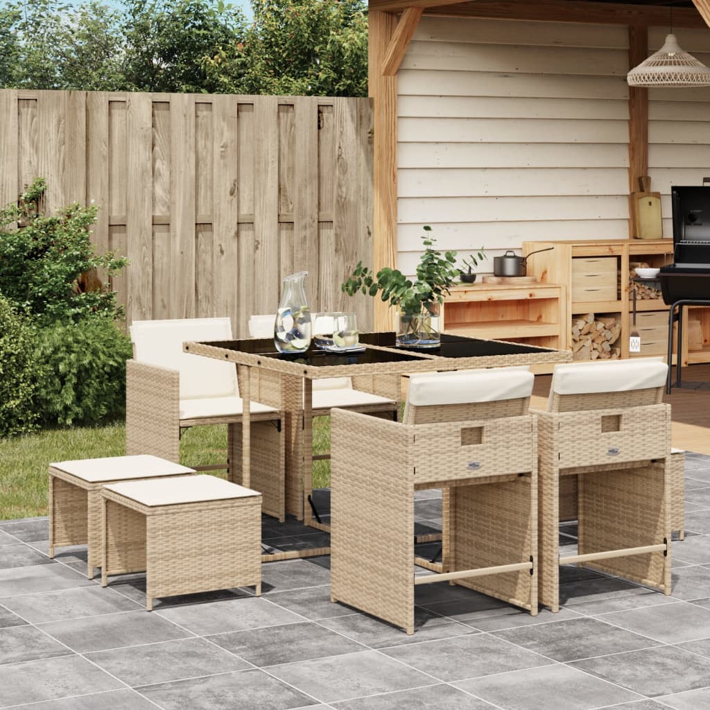 9 Piece Patio Dining Set with Cushions Beige Poly Rattan