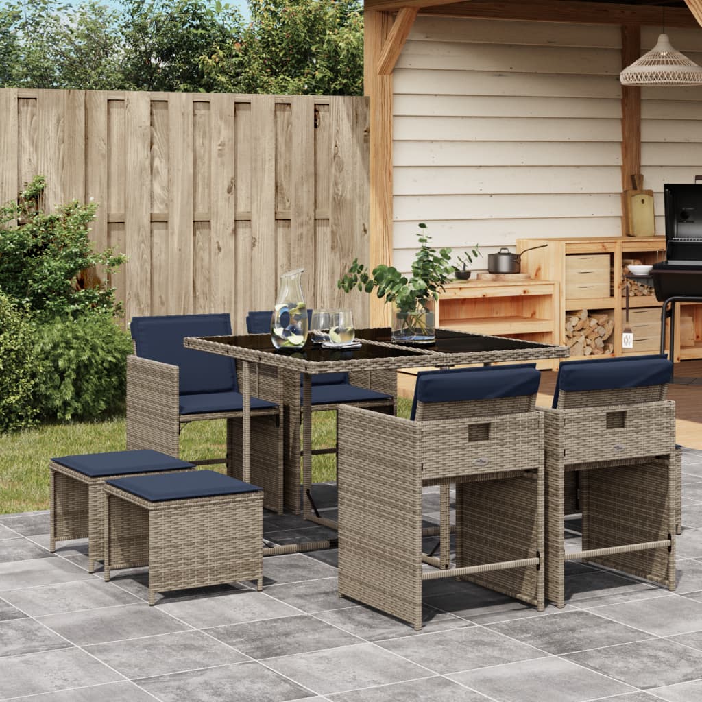 9 Piece Garden Dining Set with Cushions Grey Poly Rattan