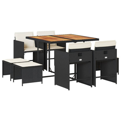 9 Piece Patio Dining Set with Cushions Black Poly Rattan