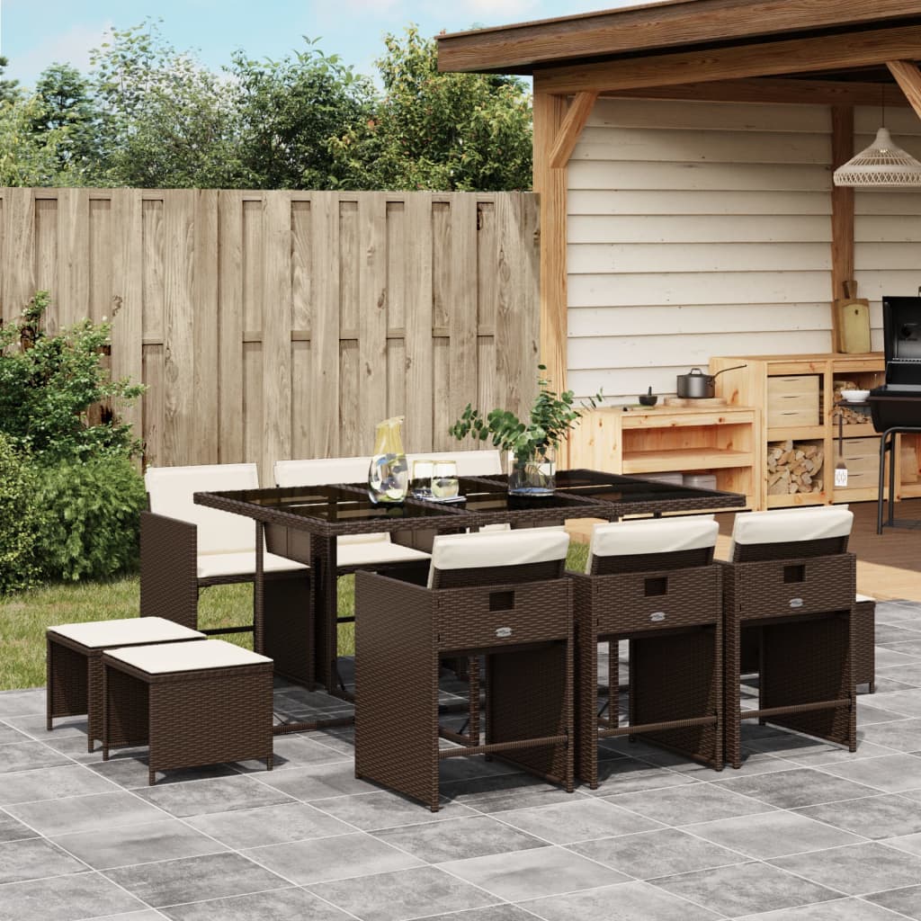 11 Piece Patio Dining Set with Cushions Brown Poly Rattan
