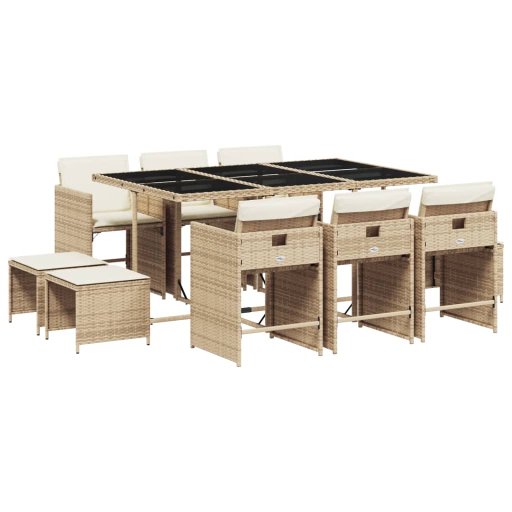 11 Piece Patio Dining Set with Cushions Beige Poly Rattan
