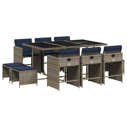 11 Piece Garden Dining Set with Cushions Grey Poly Rattan