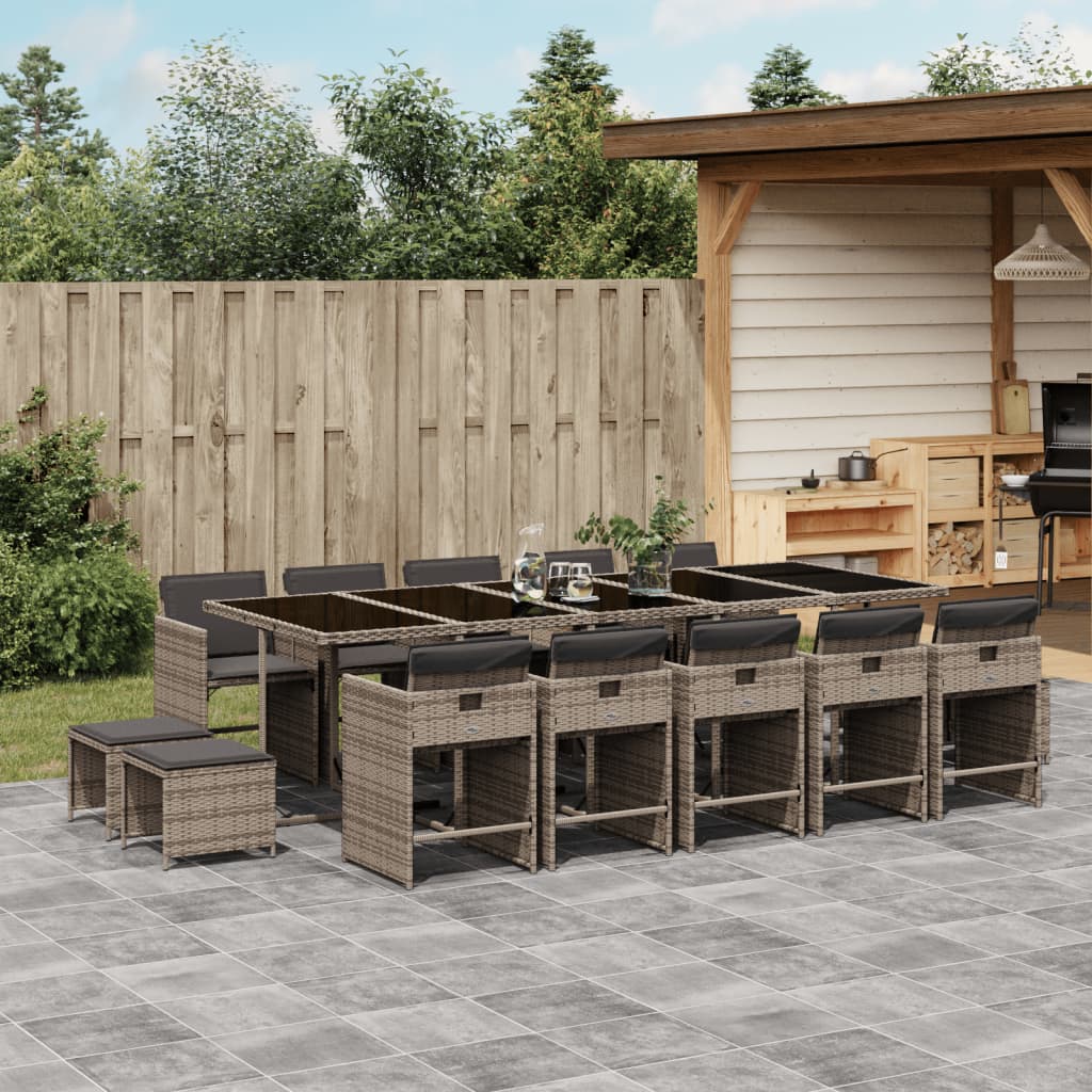 15 Piece Patio Dining Set with Cushions Gray Poly Rattan