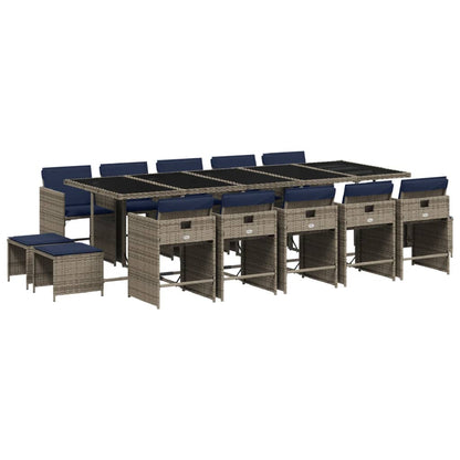 15 Piece Garden Dining Set with Cushions Grey Poly Rattan