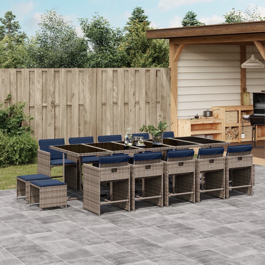 15 Piece Garden Dining Set with Cushions Grey Poly Rattan