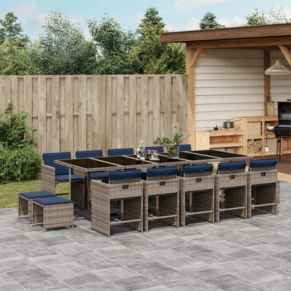 15 Piece Garden Dining Set with Cushions Grey Poly Rattan