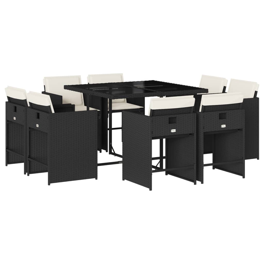 9 Piece Patio Dining Set with Cushions Black Poly Rattan