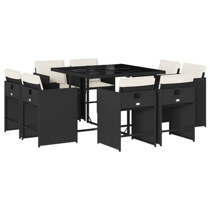 9 Piece Patio Dining Set with Cushions Black Poly Rattan