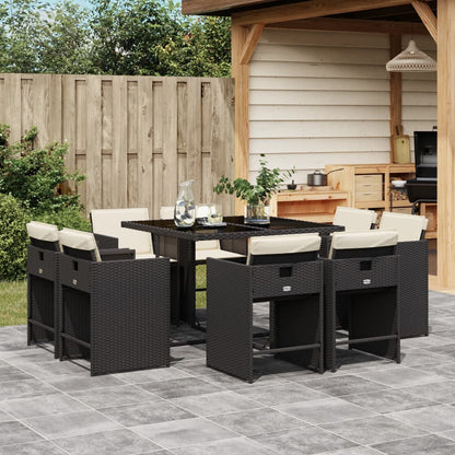 9 Piece Patio Dining Set with Cushions Black Poly Rattan