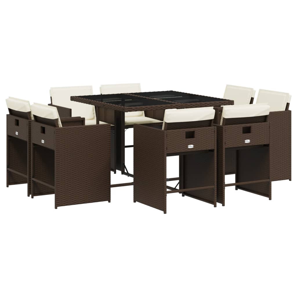 9 Piece Patio Dining Set with Cushions Brown Poly Rattan