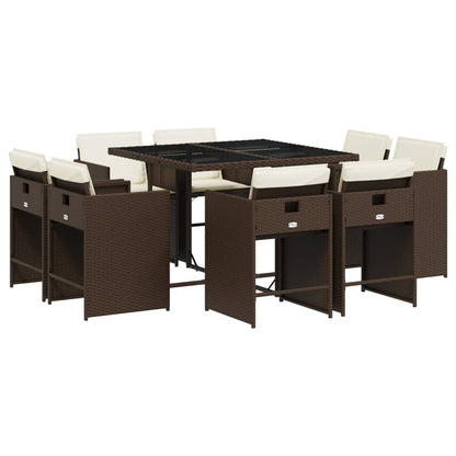 9 Piece Patio Dining Set with Cushions Brown Poly Rattan