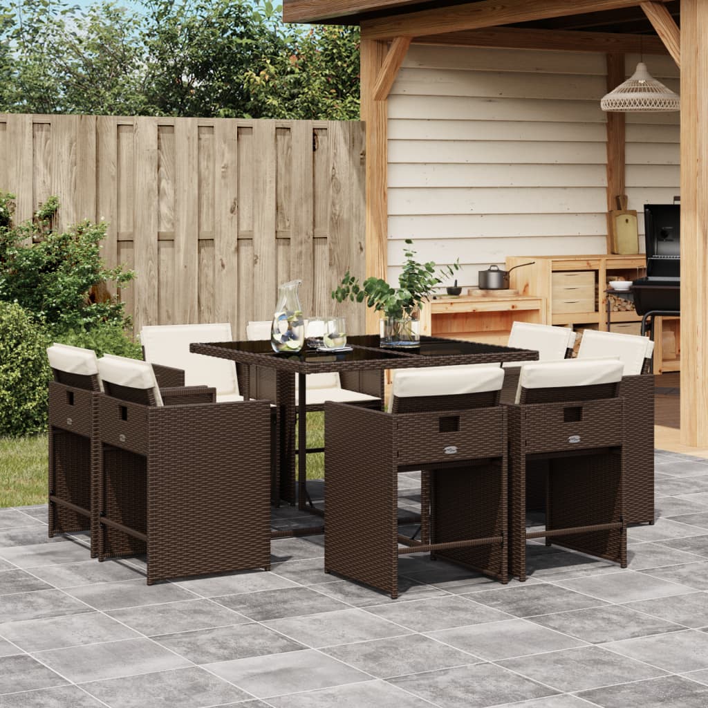 9 Piece Patio Dining Set with Cushions Brown Poly Rattan