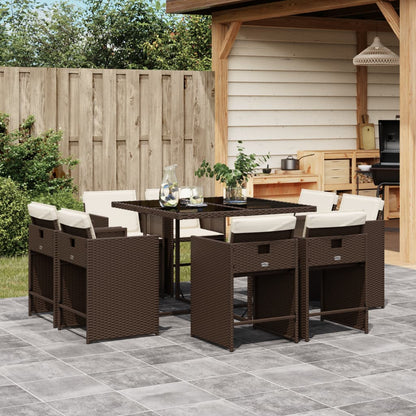 9 Piece Patio Dining Set with Cushions Brown Poly Rattan
